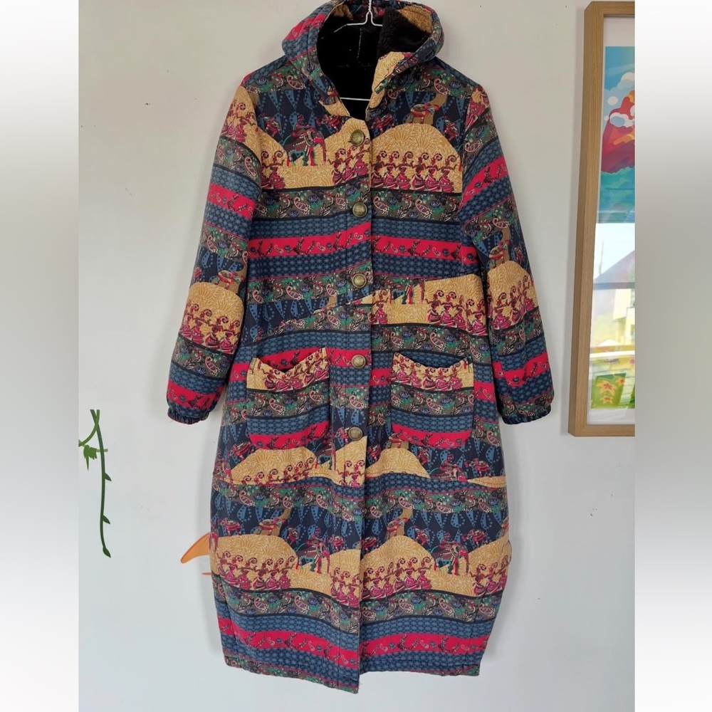 Colorful Patterned Handmade Hooded Button-Front Fabric Coat - Fleece interior